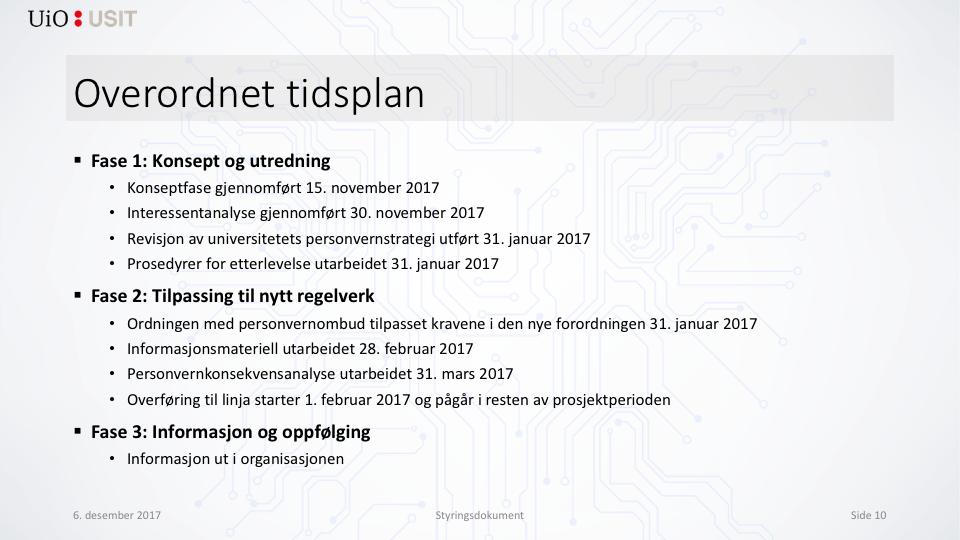 Jamfør tidsplan i prosjektbeskrivelsen og definerte milepeler.