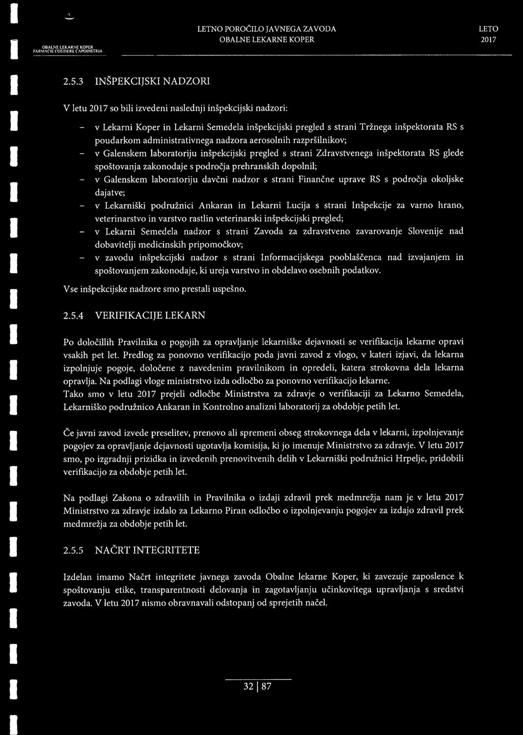 nadzora aerosolnih razprsilnikov; - v Galenskem laboratoriju inspekcijski pregled s strani Zdravstvenega inspektorata RS glede spostovanja zakonodaje s podrocja prehranskih dopolnil; - v Galenskem