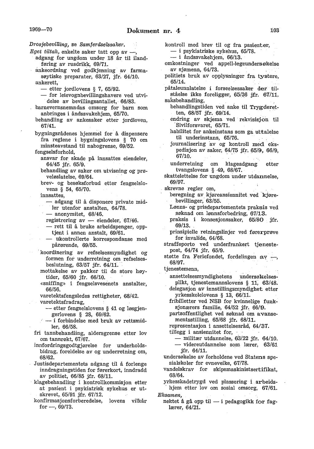 1969-70 Dokument nr. 4 103 Drosjebevining, se Samferdselssaker. Eget tiltale, enkelte saker tatt opp av -, adgang for ungdom under 18 år til ilandføring av rusdrikk, 69171.