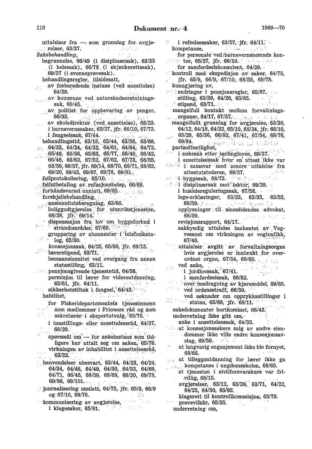 110 Dokument nr.r 4 1969-70 uttalelser fra -, som grunnlag for avgjø. reiser, 63/37. Salcsbehandling, begrunnelse, 66/49 {i disiplinærsak), 63/33 (i helsesak), 66178.