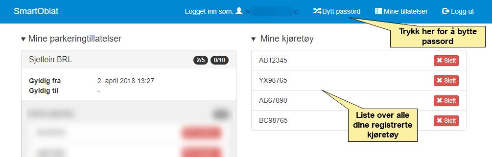 SmartOblat nettsiden Når du har logget inn på https://smartoblat.trondheimparkering.no, vil du få opp en side som består av flere informasjonselementer.