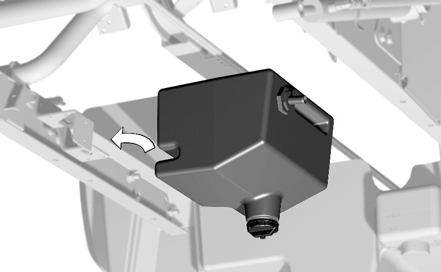 Posisjoner hydraulikktanken slik at den ene siden passer over venstre, nedre rammekanal og slissen på den andre siden av tanken står på linje med hullene i rammestøtten (Figur 8). Figur 7 1.