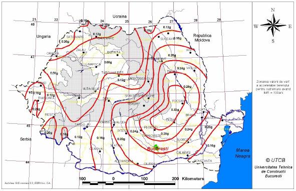 . Figura 2.4. Zonarea valorii de vârf a acceleraţiei terenului pentru cutremure având perioada de revenire de 100 de ani.