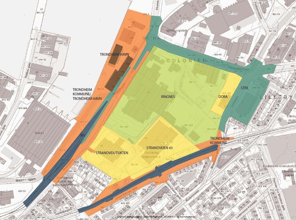 GRUNNEIERE PLANOMRÅDET Gnr/bnr Hjemmelshaver 411/192 Trondheim kommune 411/280 Strandveien 43 KS 415/102 Ringnes E.C.