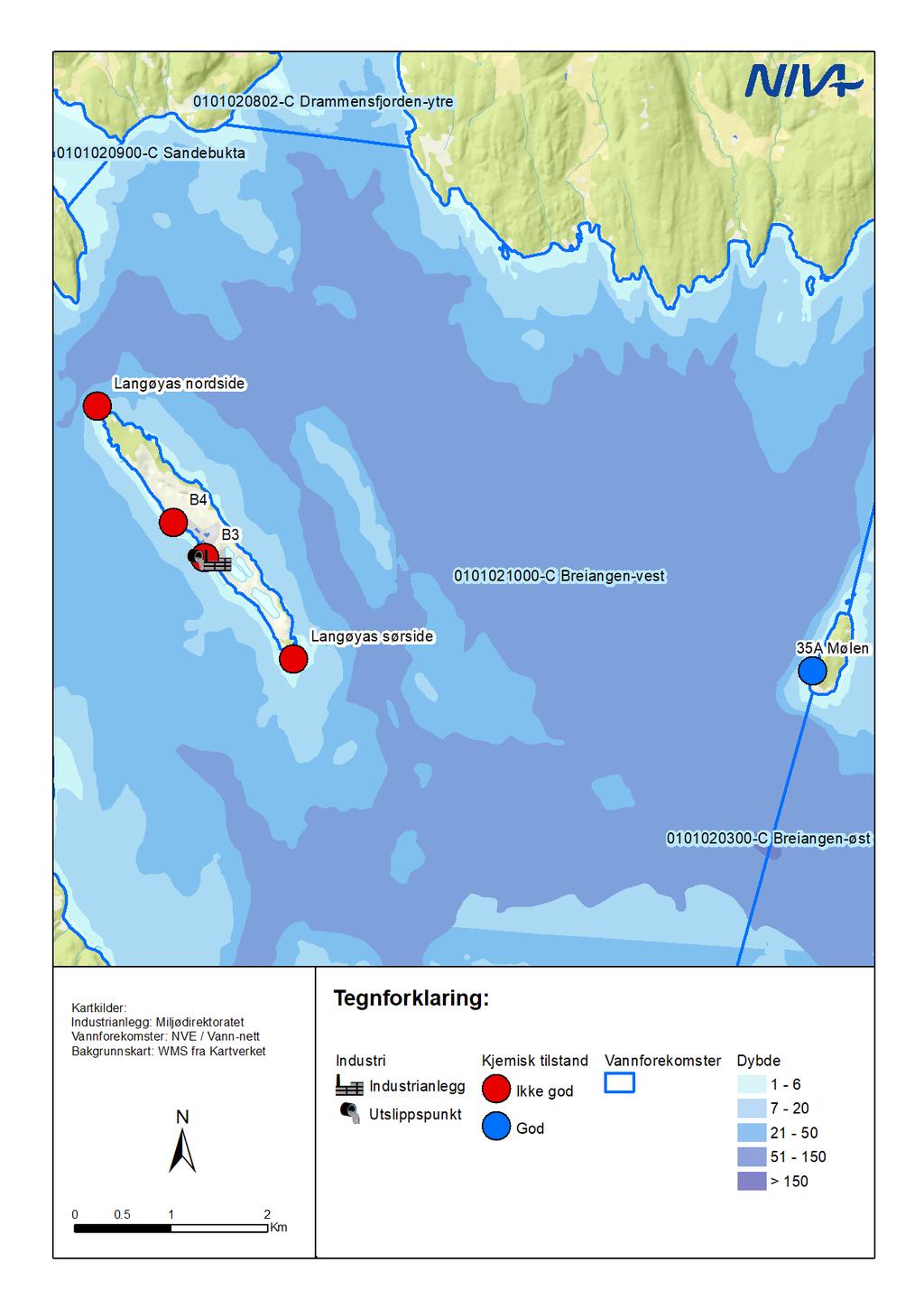 En oppsummering av kjemisk tilstand for blåskjell og torsk er vist i Figur 7. Det var «ikke god kjemisk tilstand» for blåskjellstasjonene B3 og B4 på Langøya og torsk fra Langøyas nordside og sørside.