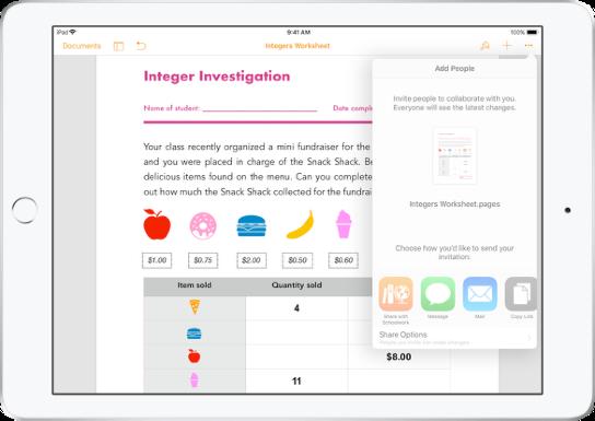 Samarbeid med elever Ved hjelp av Skolearbeid kan du nå samarbeide med elever i utdelingsaktiviteter i Pages, Numbers og Keynote.