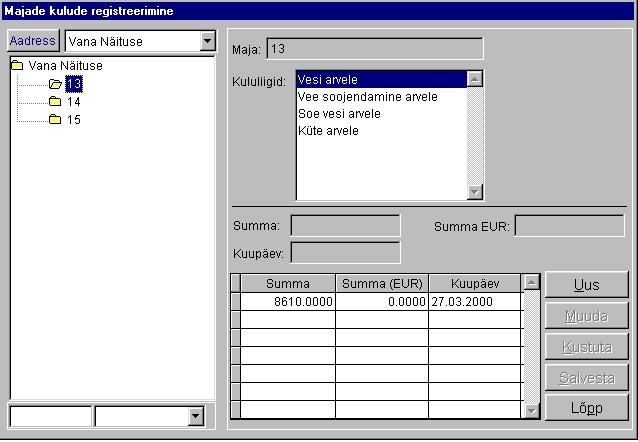 Leidnud vajaliku maja, valime parempoolsest aknast vajaliku kululiigi. Alumisse listi ilmuvad seda liiki kulude summad kuude kaupa. Vajutades nupule Uus saab lisada järgmise summa.