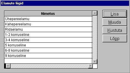 3.1.8 ELAMUTE LIIGID Elamuliigid on vajalikud statistika aruannete koostamiseks. Sisestatud liikide valikut saab kasutada maja püsiandmete kirjeldamisel.