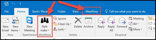 1. Last ned og installer Anywhere Meetnow for Outlook vx.xx.exe 2. Restart Outlook. Du vil bli spurt om å installere plugin. 3. Du skal nå ha fått en ny fane øverst til høyre i Outlook.
