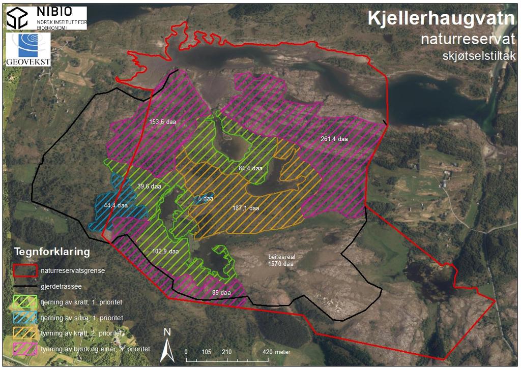 Figur 6 Kart over beiteområdet i Kjellerhaugvatnet naturreservat. Gjerdetrasse er markert med sort strek, naturreservatgrensa er markert med rødt.