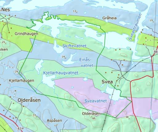 Figur 2 Geologisk kart over Kjellerhaugvatnet naturreservat (reservatgrensa i grønt).