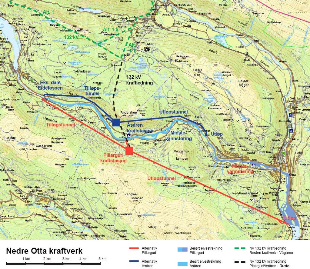 Lalm Otta v/eidefoss kr.st. Lågen ovf. Otta Otta Otta ovf.lågen Fig. 2 Kart som viser den planlagte utbyggingen og vanntemperaturstasjonene. Kartutsnittet er markert med en firkant i fig. 1.