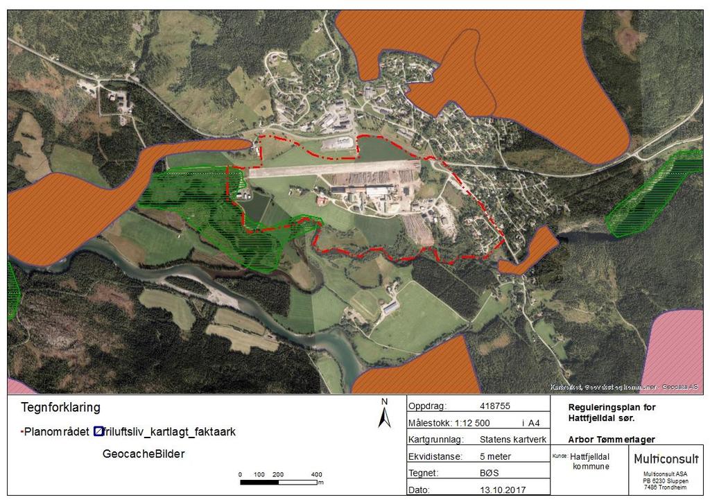 for reguleringsplan ved flyplassen i 7 Tema naturmangfold Figur 9. Kart som viser planområdet, naturtyper i grønn skravur og kartlagte friluftslivsområder i oransje. Kilde Naturbasen.