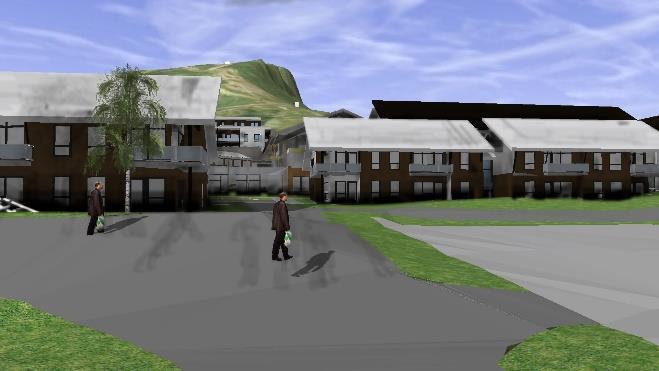 6 Dagens situasjon og konsekvenser av planforslaget Figur 6-18: Utsnitt fra 3D-modell som viser utsynet til Skeikampen fra ny bebyggelse.