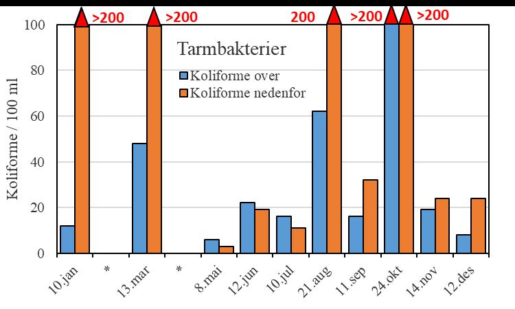 VANNKVALITET TARMBAKTERIER Det var høye konsentrasjoner av koliforme bakterier i Myrkdalselven i 2017, både på vinteren og gjennom sommeren.