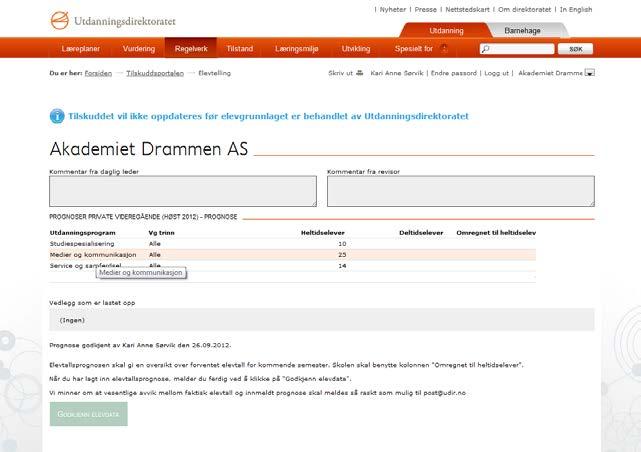 Side 6 av 18 Ved å gå tilbake til åpningsbildet i Tilskuddsportalen vil du se at prognosen har endret status fra «Under arbeid» til «Godkjent». Hvordan gjøre endringer i prognosen etter godkjenning?