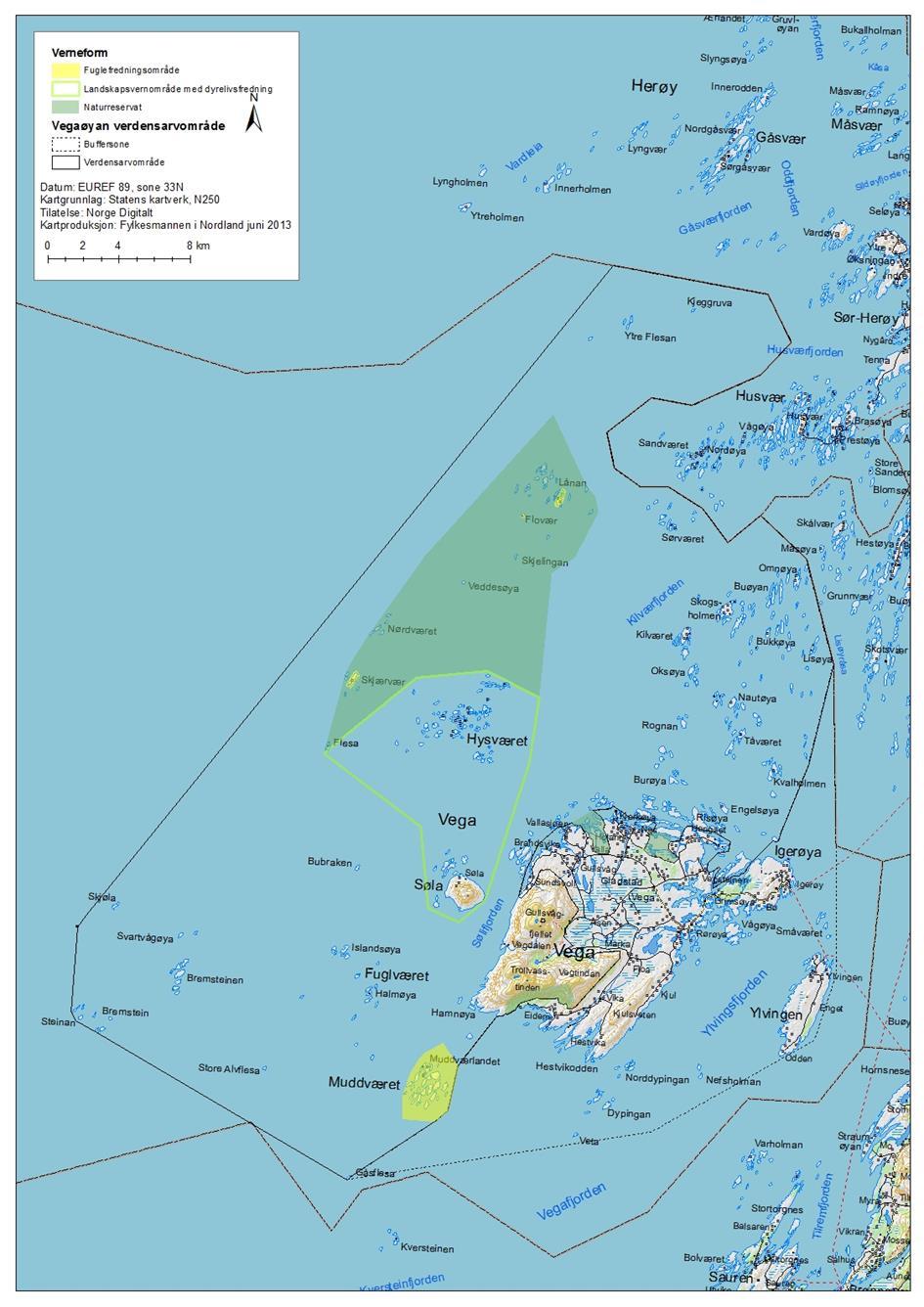 Kart over Vegaøyan verdensarvområde og
