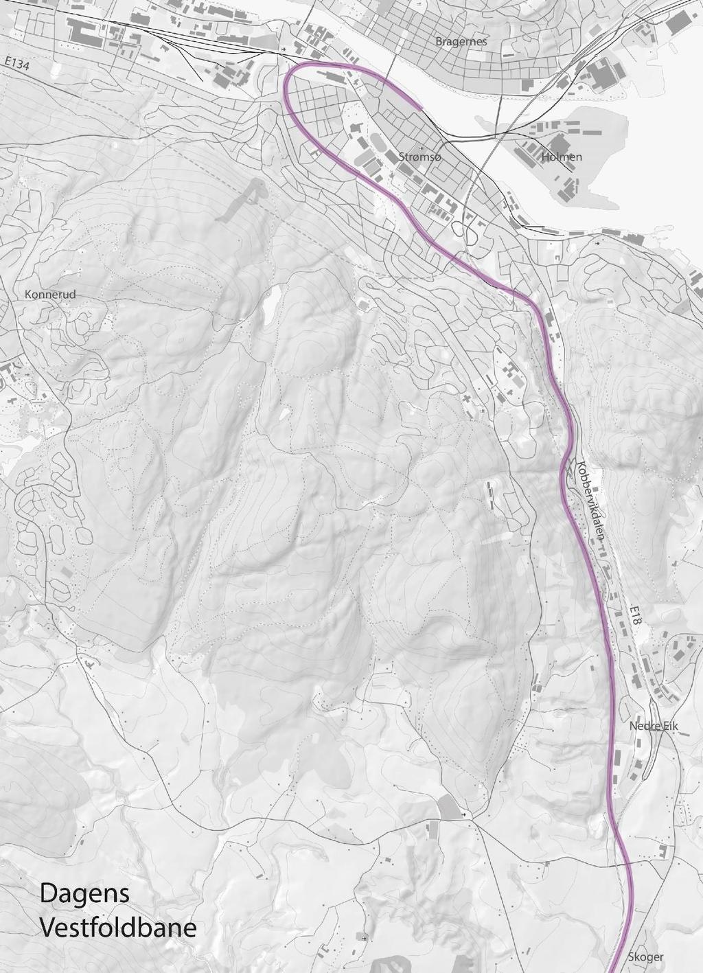 10 av 79 3 DAGENS SITUASJON 3.1 Eksisterende trasé for Vestfoldbanen Figur 3: Togspor i Drammen samt dagens Vestfoldbane (lilla strek).