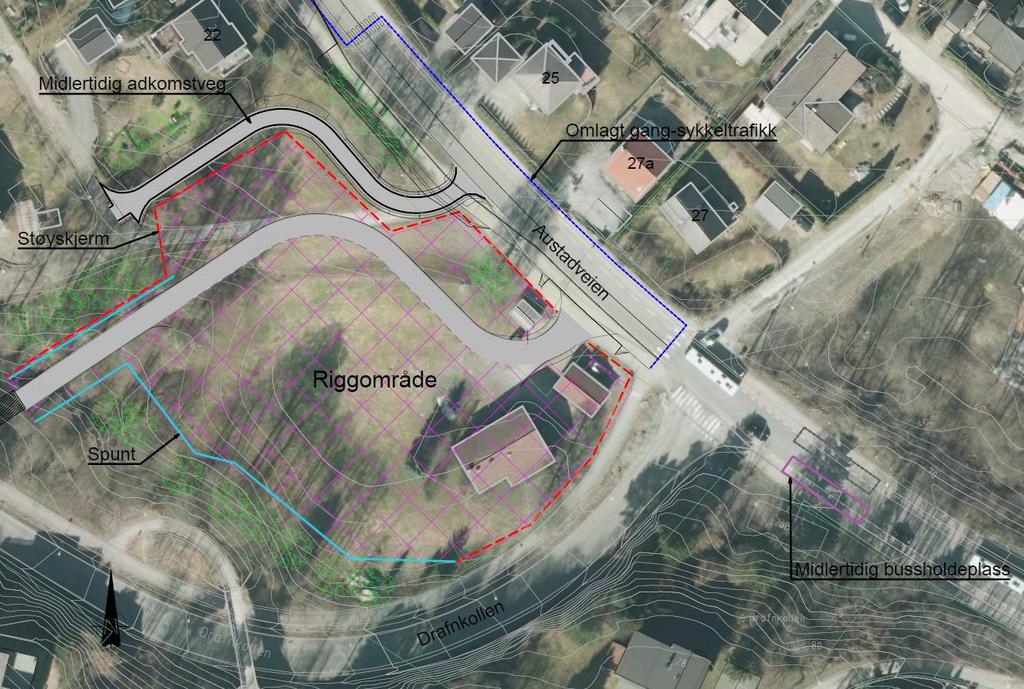 Figur 19: Oversikt tunnel (rødt) med evakueringstunneler og tverrslag (hvitt). Figur 20: Riggområdet ved Austadveien Fra hovedtunnelen ut til tverrslaget ved Austadveien er det 530 m.