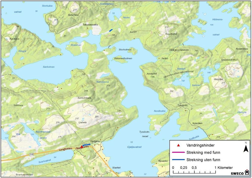 de undersøkte strekningene, med unntak av dammen og settefiskanlegget. Det nedlagte settefiskanlegget ligger langs vassdraget like ved Fv. 365. 4.