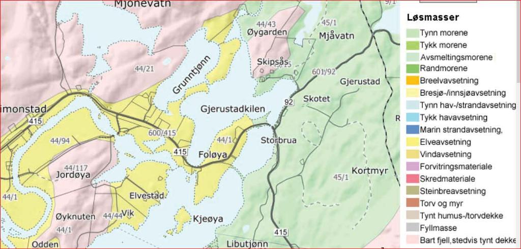 Geoteknisk rapport nr. ID230A- Løsmassekart fra NGU viser i hovedsak elveavsetninger og morene. Område ligger på ca. kote +40 noe som er godt over marin grense (antatt ca. k +80).