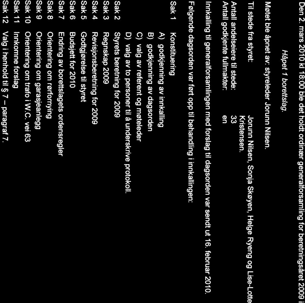 PROTOKOLL fra ordinær generalforsamling for 2009 i Håpet I borettslag Den 2. mars 2010 kl 18:00 ble det holdt ordinær generalforsamling for beretningsåret 2009 i Håpet I borettslag.