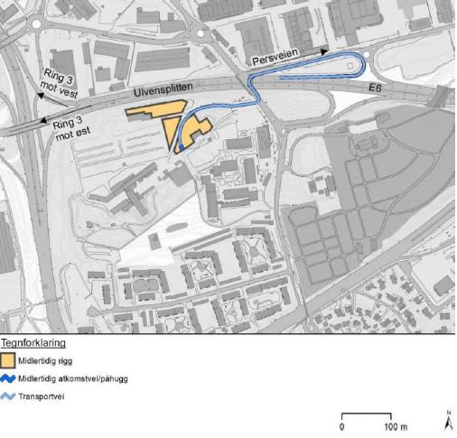 Figur 2. Anleggsområdet på Ulven (Kilde: Statnett) Trafikkbelastning Rektorhaugen/Tåsen Adkomst til og fra tverrslag er via Ring 3.