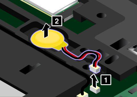 5. Sett inn det nye knappecellebatteriet 1, og koble deretter til kontakten 2. 6. Sett tilbake bunndekselet 1, og stram til skruene 2. 7.