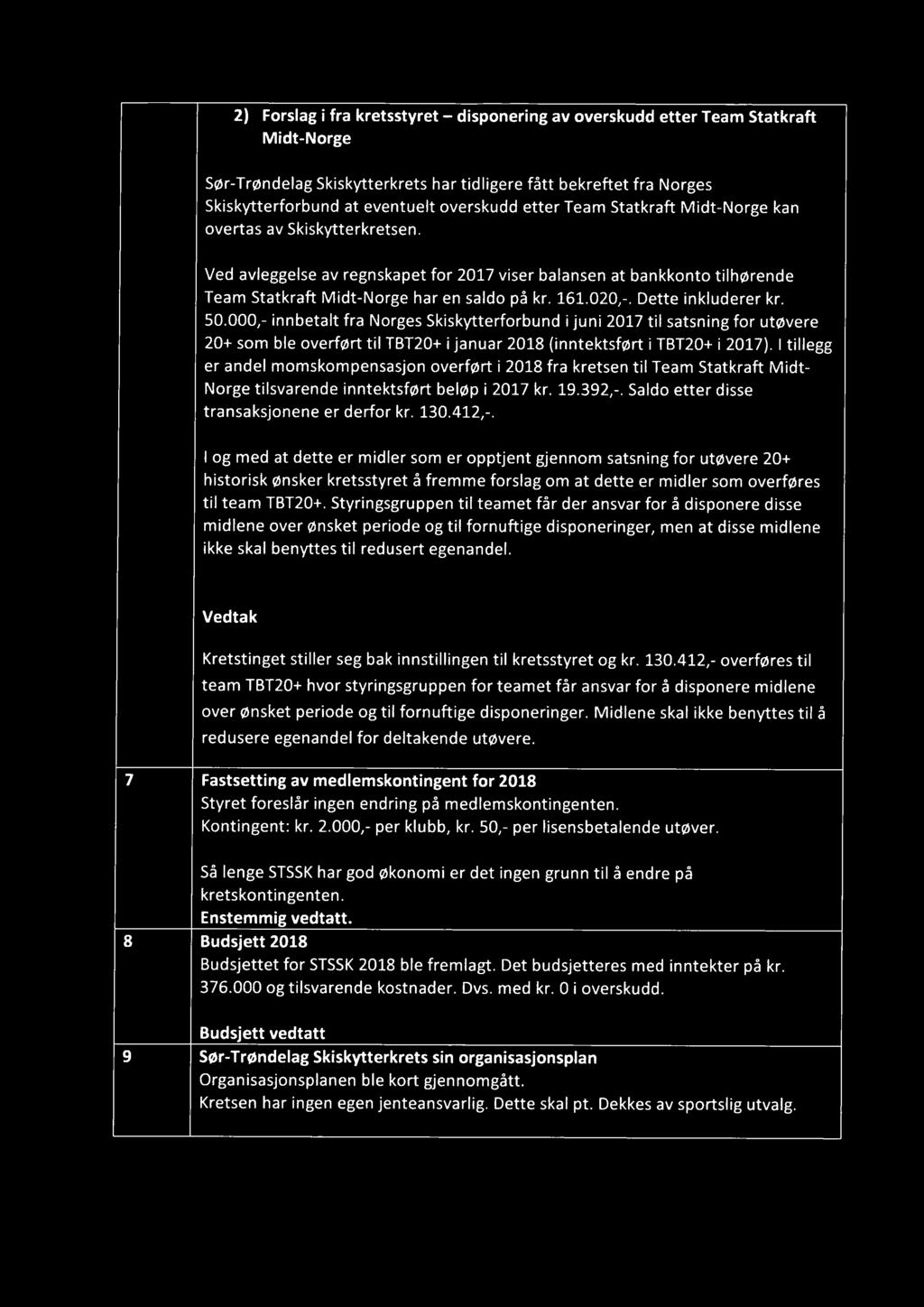 2) Forslag i fra kretsstyret - disponering av overskudd etter Team Statkraft Midt-Norge Sør-Trøndelag Skiskytterkrets har tidligere fått bekreftet fra Norges Skiskytterforbund at eventuelt overskudd