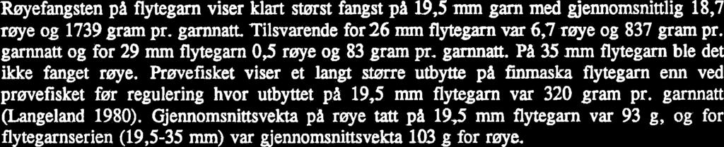 PA garnstørrelsene 26-45 mm var utbyttet 142 g pr. garnnatt, noe som er i samme starrrelsesorden som ved prøvefisket før regulering (Langeland 1980).