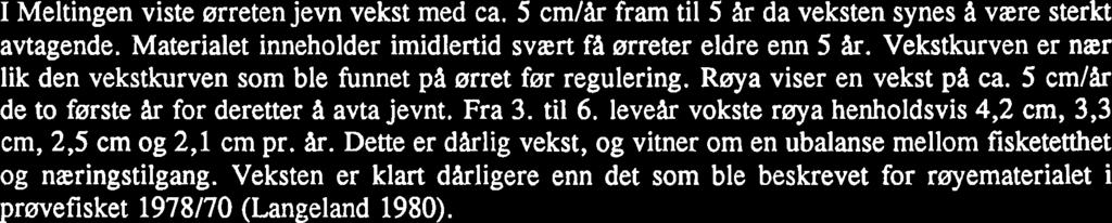 Sammenlignet med prøvefiskedata fra før regulering (Langeland 1980), SA bestai: ørretbestanden i Meltingen i dag av litt større fisk med omtrent samme aldersfordeling som i 1978179.
