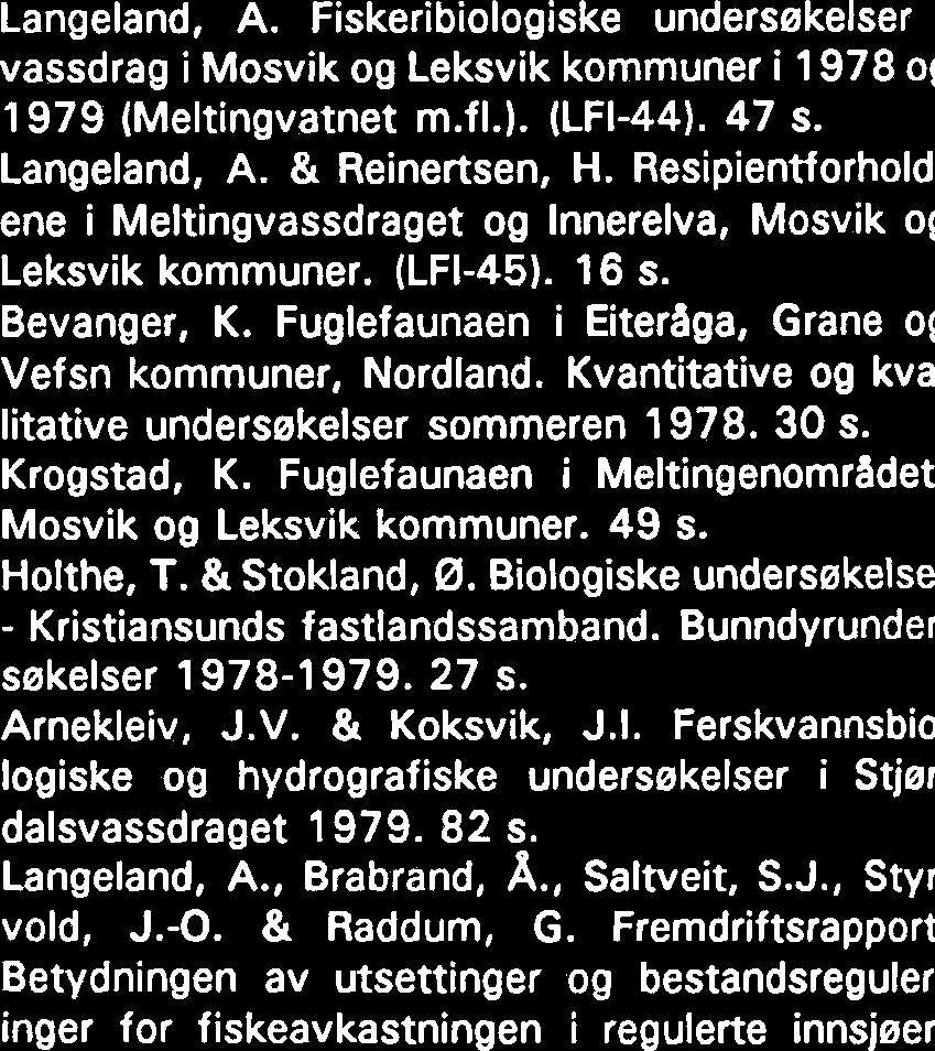 Fiskeribiologiske undersøkelser Holvatn, Redsjøvatn, Kringsvatn, Østre og Vestrc Osavatn sommeren 1977. (LFI-42). 26 s. Langeland, A. Fisket i Tunnsjeelva 15 ar ette reguleringen. (LFI-43). 16 s.