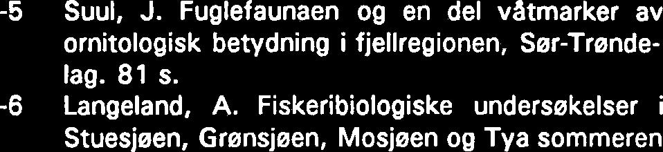 12 s. -5 Suul, J. Fuglefaunaen og en del vatmarker av ornitologisk betydning i fjellregionen, Ser-Trandelag. 81 s. -6 Langeland, A.