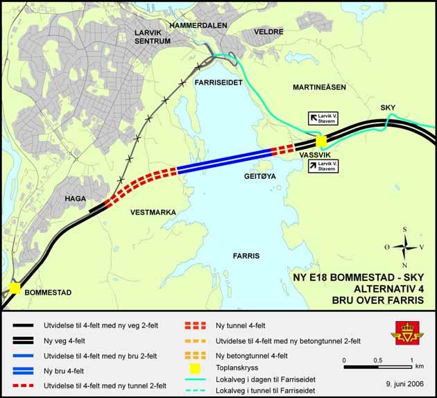 Alternativ 4 Bru over Farris Veg i dagen fra Bommestad ca 1,5 km. Ny veg legges videre i fjelltunnel fram til Farris og føres i bru syd for Geitøya.