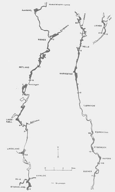Krypsiv i Kvina. Utvidet kartlegging og plan for tiltak. 2. Område Kvina Det er totalt 19 terskelbassenger i Kvina fra Homstøl til Liknes (tabell 2.1, figur 2.1).