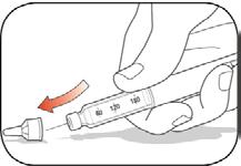 Etter injeksjonen Trinn 14: Sett beskyttelseshetten forsiktig på. Trinn 15: Skru av kanylen med beskyttelseshetten på og kast den som vist nedenfor (se Kassering av penner og kanyler).