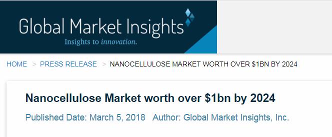 Nanocellulose market still embryonic Market analysts estimate that the nanocellulose market could grow to 700-1,000 musd by 2024 1) NFC/MFC estimated to be 50% Awareness a possible limitation NFC/MFC