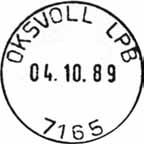 12.1950 Stempel nr. 10 Type: I24N Fra gravør 04.03.1988 7165 OKSVOLL 2 Innsendt?? Registrert brukt fra 20.04.89 TH til 31.