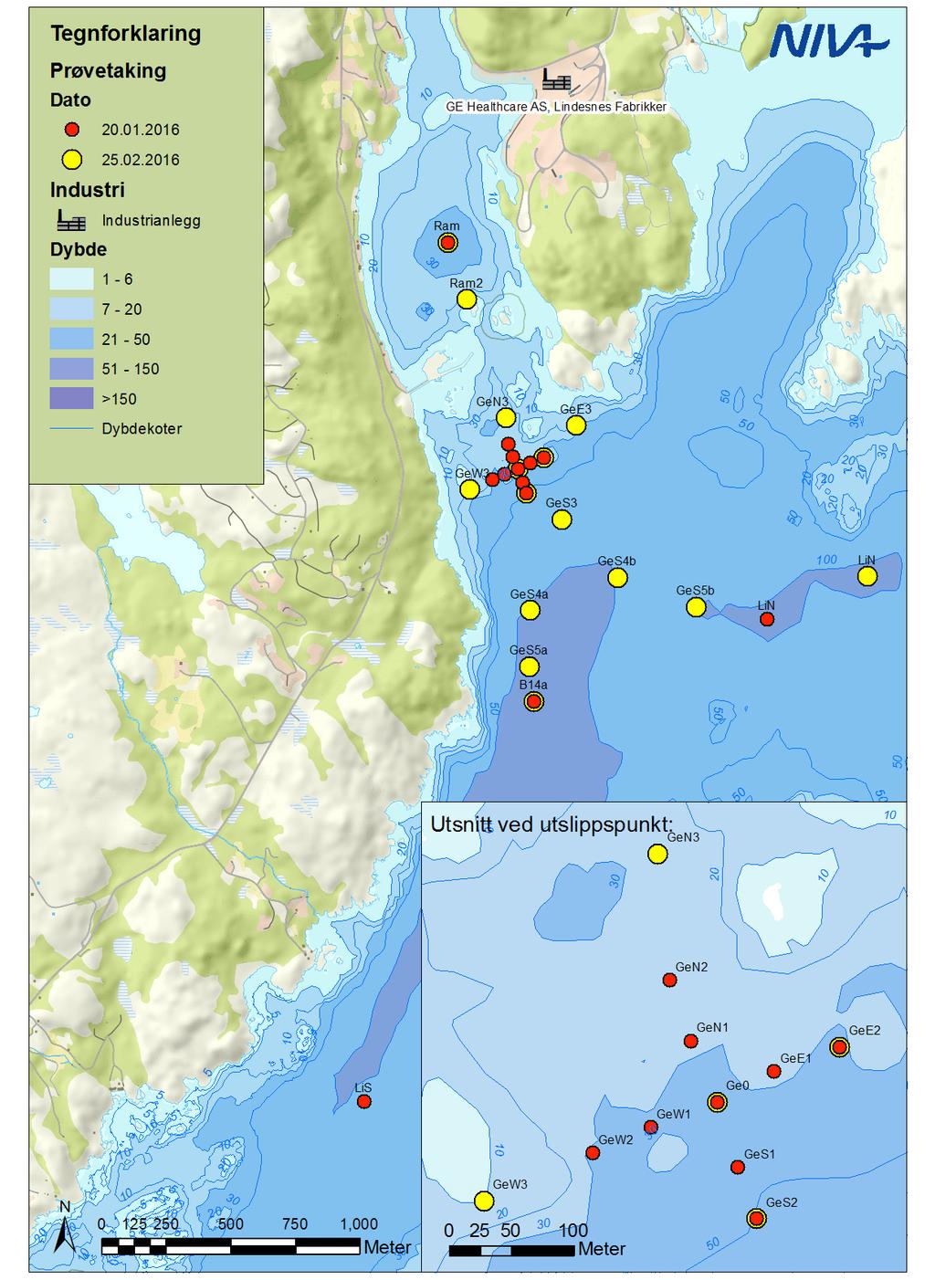 Utslippspunkt Figur 2. Oversikt over Ramslandsvågen med stasjoner og utsnitt fra vannforekomsten Mandal-Lindesnes.
