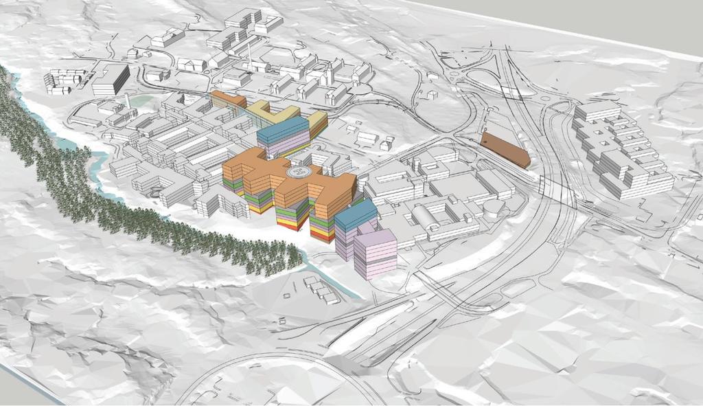 Planalternativ 1b Det er utført studier av planalternativ 1b som er illustrert i figur 3. Denne viser konsekvenser av at bygningshøyden reduseres til maks 42 meter, hvilket gir 9 etasjer.