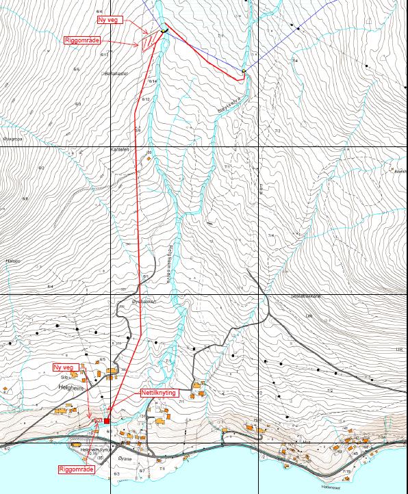 Side 2 av 5 Oversiktskart: Inntak i Helgheimselva og Stølselva. Rørgate og kraftstasjon m.m. er vist.