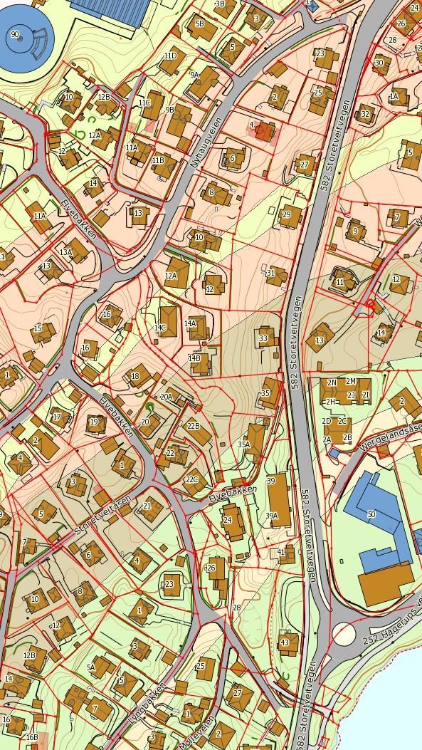 Topografi og grunnforhold Planområdet strekker seg fra Storetveitvegen i øst, langs Nyhaugveien i nordvest og Elvebakken i sørvest.