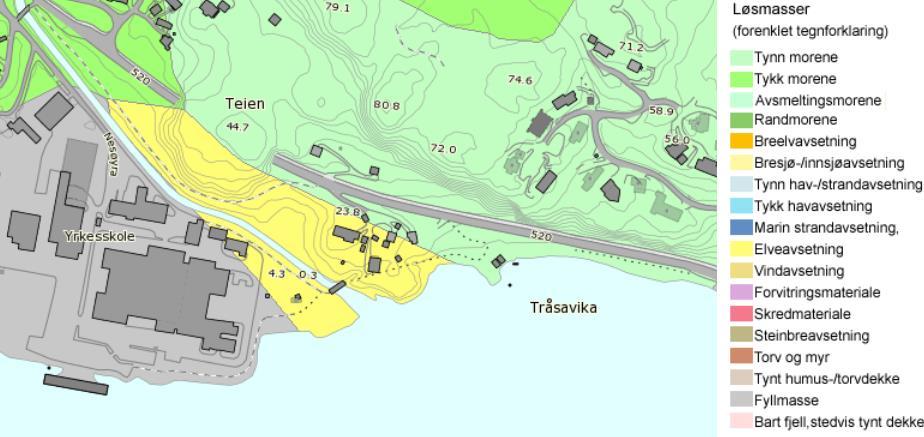 Figur 4: Løssemassekart fra www.ngu.no. 2.3 Tunnel og forskjæringer Tunnelen er ca 100 meter lang og hvelv som vann- og frostsikring i 36 meters lengde mot vestre påhugg.