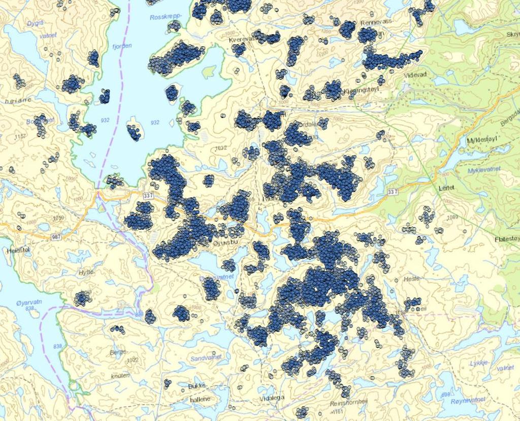 Finne områder hvor det er en overrepresentasjon av kort bevegelsesavstand - Blå = relativt korte avstander -