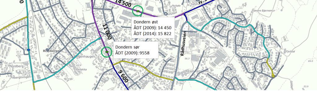 111 på østsiden og vestsiden av krysset, tyder på at ÅDT på rv. 111 er høyere enn det som er angitt i NVDB.