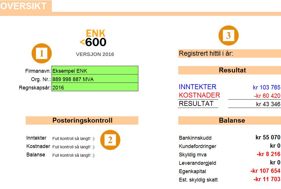 2.0 Ark for ark 2.1 Oversikt OVERSIKT er den første arkfanen og et naturlig startpunkt for regnearket.