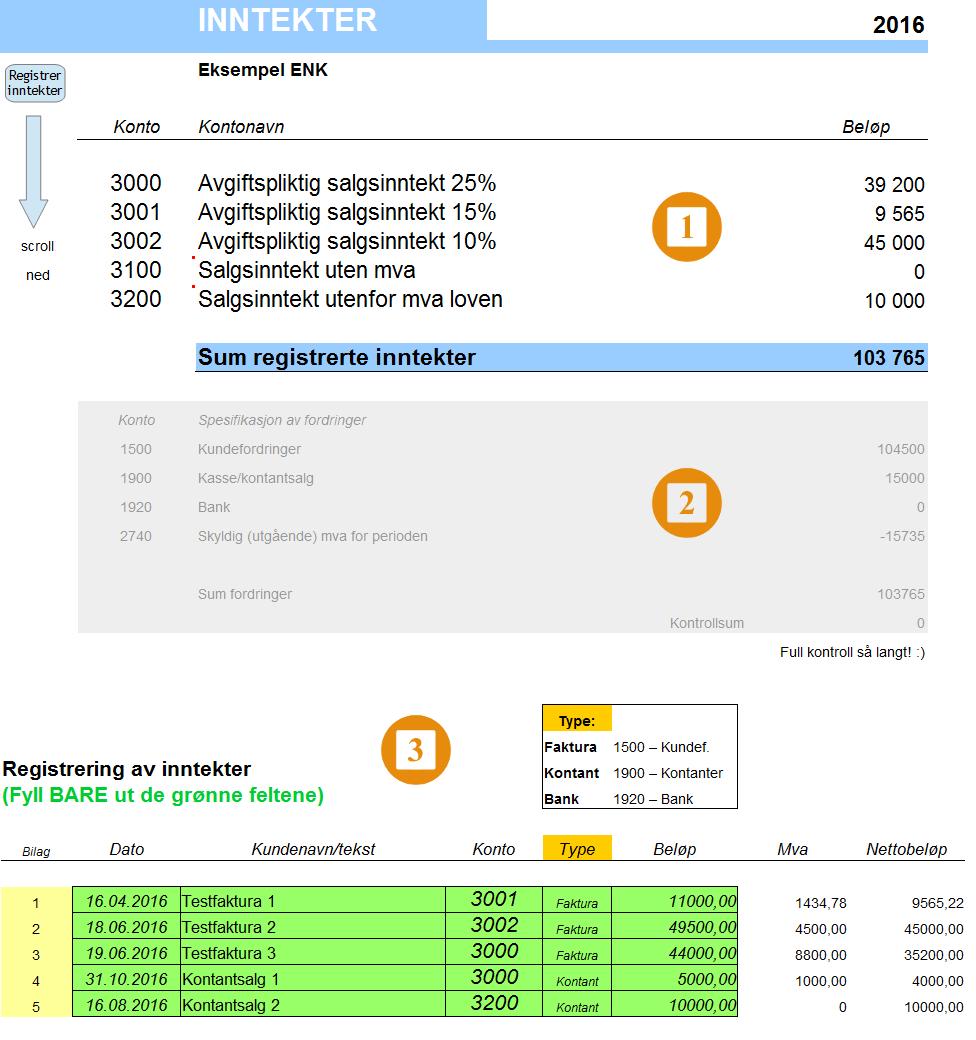 2.2 Inntekter INNTEKTER arkfanen dreier seg om inntekter og det er kun i denne arkfanen du skal registrere inntektene dine. Arkfanen består av to deler.