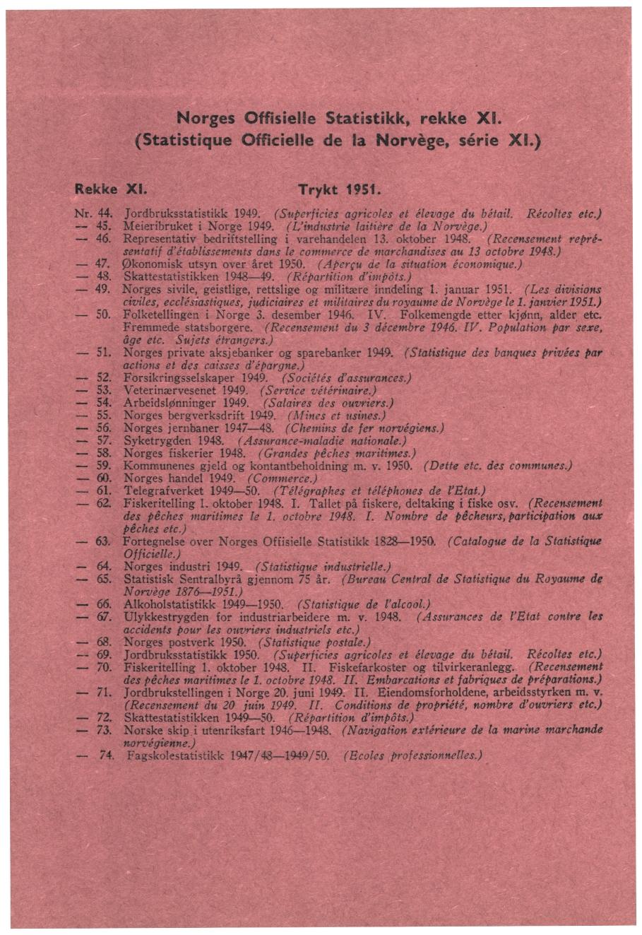 Norges Offisielle Statistikk, rekke XL (Statistique Officielle de la Norvège, série XL) Rekke XI. Trykt 1951. Nr. 44. Jordbruksstatistikk 1949. (Superficies agricoles et élevage du bitail.