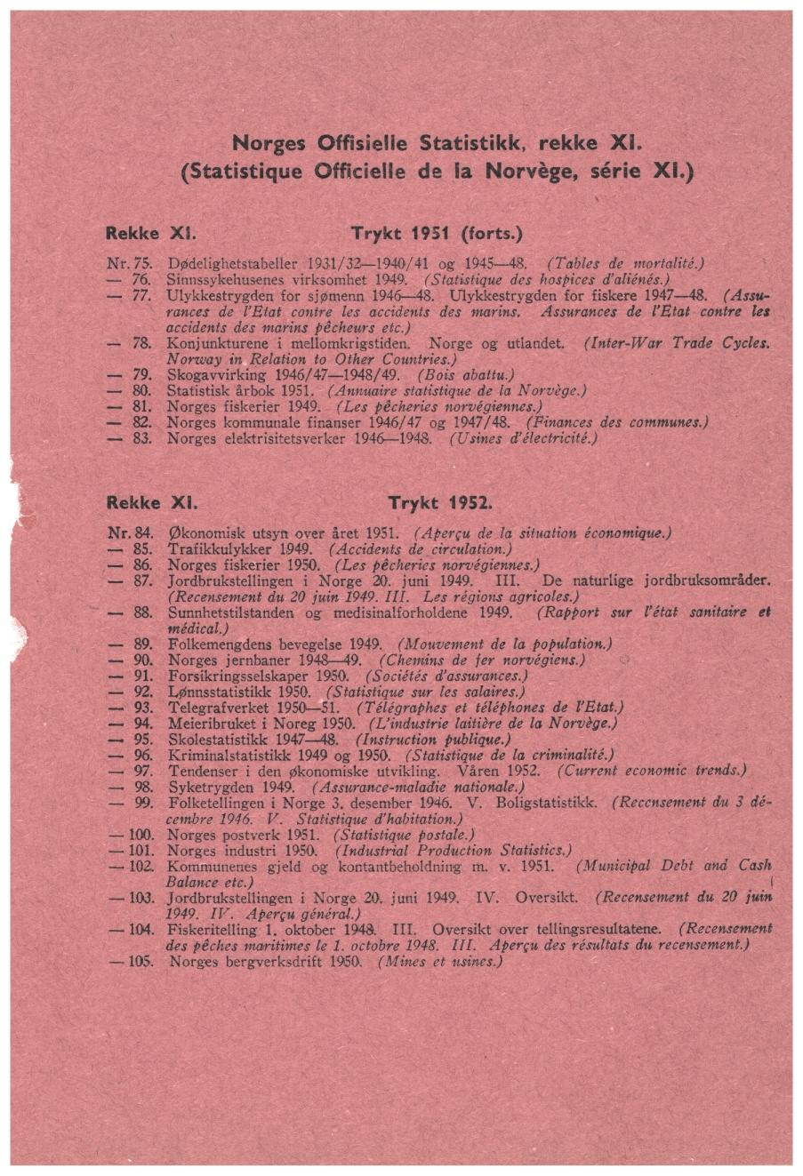 Norges Offisielle Statistikk, rekke XL (Statistique Officielle de la Norvège, série XL) Rekke XL Trykt 1951 (forts.) Nr. 75. DØdelighetstabeiter 1931/32-1940/41 og 1945-48. (Tables de mortalité.