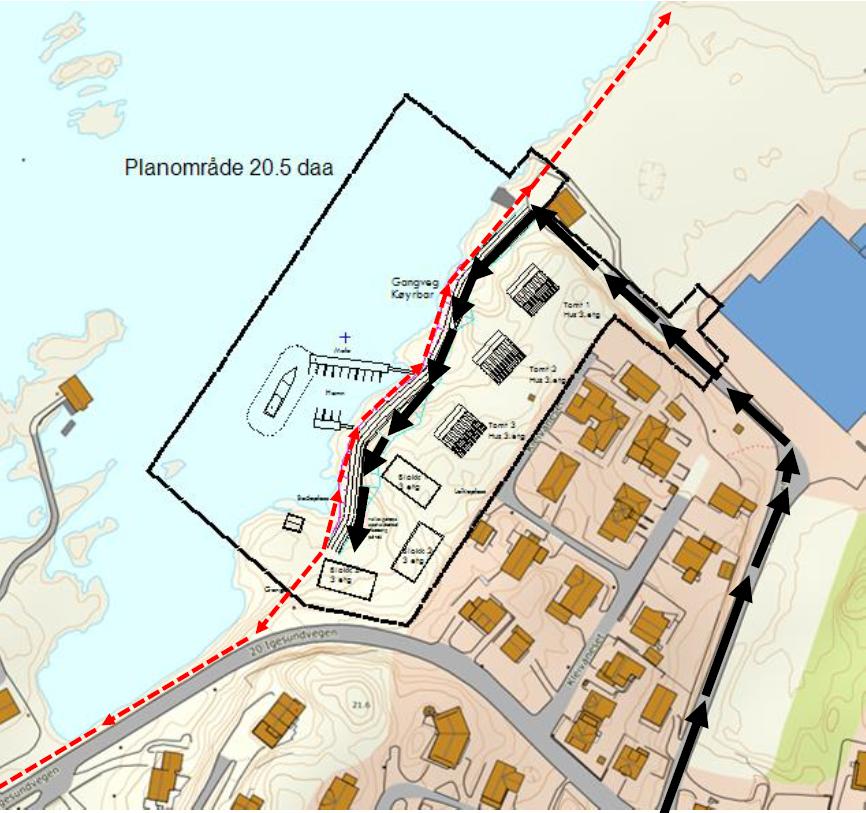 Figur 2: Syner ei skisse med dagens situasjon som grunnkart, samt enkel påteikning for å illustrere korleis tiltakshavar ser føre seg plassering av bygg, køyreveg og promenade m. m. Vurdering: Kommunen er positiv til ei utvikling av området og er i store trekk positive til dei skissene som er framlagde i søknad frå tiltakshavar.